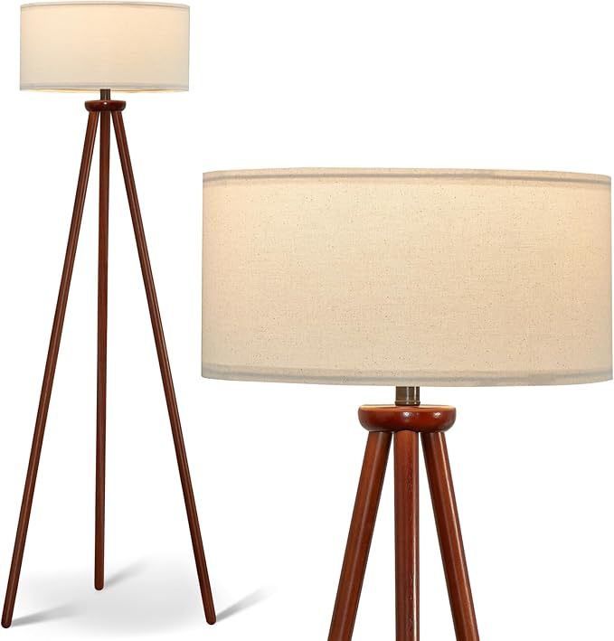 YUNHONG Tripod Floor Lamp, Dimmable Mid Century Floor Lamp Using Premium Flaxen Lamp Shade, Modern Design Standing Lamp with E26 Lamp Base, Wood Tall Floor Lamps for Living Room, Bedroom and Office - LeafyLoom