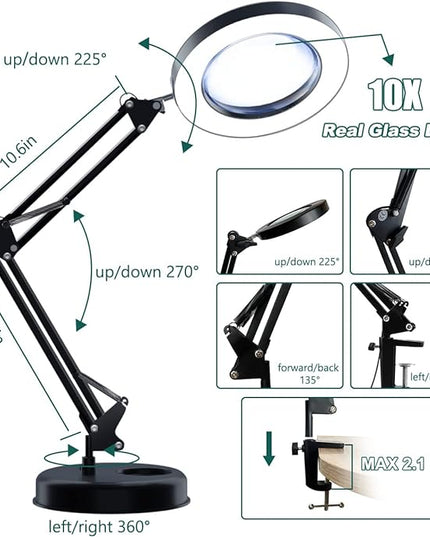 Magnifying Glass with Light and Stand, 10X Magnifying Lamp, 2-in-1 LED Lighted Desk Magnifier with Light, Craft Light Lamp with 3 Color Modes for Close Work Reading Repair Crafts - LeafyLoom