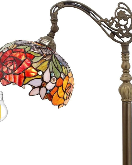 WERFACTORY Tiffany Floor Lamp Red Rose Flower Stained Glass Arched Lamp 10X18X64 Inches Gooseneck Adjustable Corner Standing Reading Light Decor Bedroom Living Room S001 Series - LeafyLoom