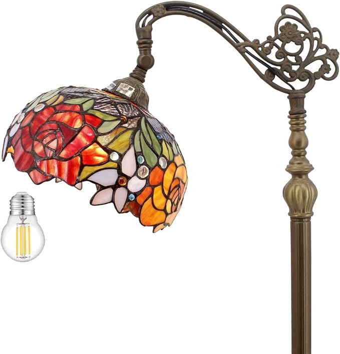 WERFACTORY Tiffany Floor Lamp Red Rose Flower Stained Glass Arched Lamp 10X18X64 Inches Gooseneck Adjustable Corner Standing Reading Light Decor Bedroom Living Room S001 Series - LeafyLoom