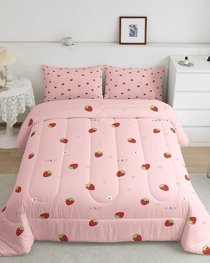 Girls Strawberry Comforter Set King Kawaii Strawberry Comforter for Kids Japanese Style Pink Cute Cartoon Fruit Food Theme Bedding Set Girly White Floral Down Comforter Reversible Soft Lightweight - LeafyLoom