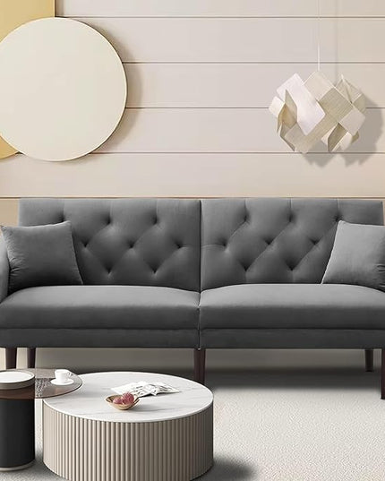 Mid-Century Modern Tufted Loveseat Sofa Living Room Furniture Sets with Adjusting Backrest & 2 Pillows Small Comfy Couch for Bedroom Apartment, Home Office Sofá, Gray-4 - LeafyLoom