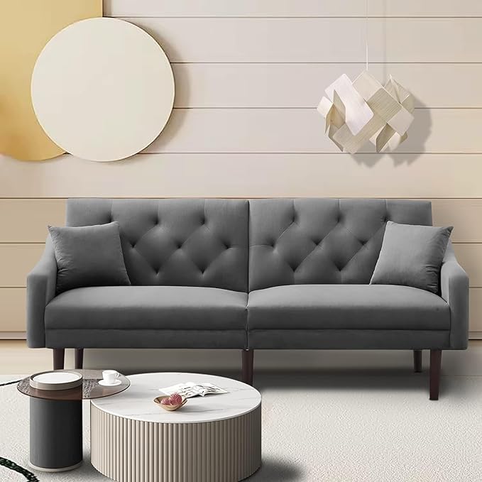 Mid-Century Modern Tufted Loveseat Sofa Living Room Furniture Sets with Adjusting Backrest & 2 Pillows Small Comfy Couch for Bedroom Apartment, Home Office Sofá, Gray-4 - LeafyLoom