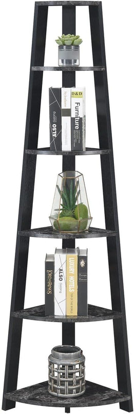 Convenience Concepts Newport 5-Tier Corner Bookshelf, Black Faux Marble/Black - LeafyLoom