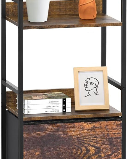 Book Shelf with Storage 3 Tier Narrow Skinny Short Standing Shelves Bookcase with Drawers for Bedroom Living Room, Small Bookshelf for Small Space Rustic Shelf Organizer Office Display Shelf - LeafyLoom