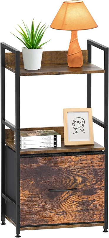 Book Shelf with Storage 3 Tier Narrow Skinny Short Standing Shelves Bookcase with Drawers for Bedroom Living Room, Small Bookshelf for Small Space Rustic Shelf Organizer Office Display Shelf - LeafyLoom