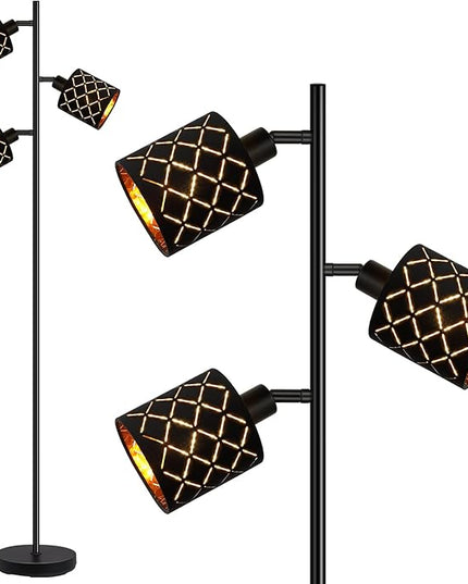Industrial Floor Lamps for Living Room, Tree Standing Lamp for Bedroom with Adjustable 3-Light, 4W E12 LED Bulb, Modern Stand Up Lamps, Metal Tall Rustic Pole Lamp, Vintage Farmhouse Floor Lamp, Black - LeafyLoom