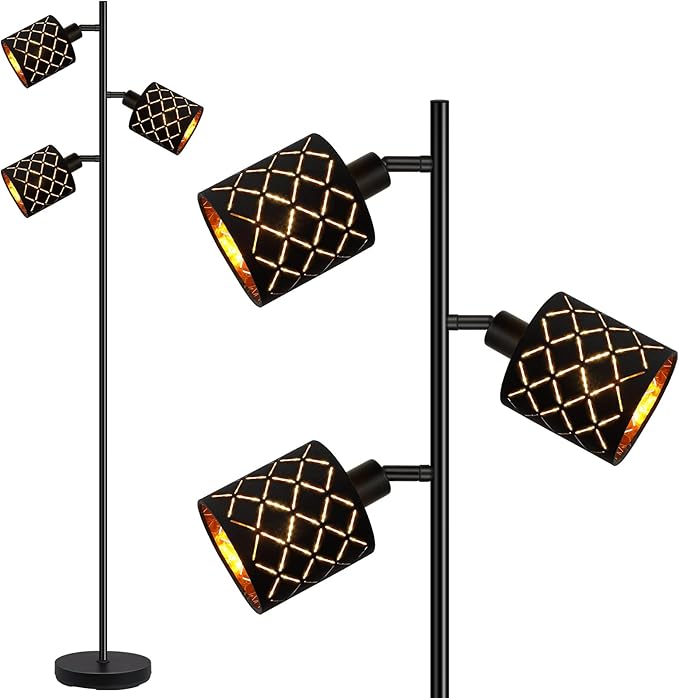 Industrial Floor Lamps for Living Room, Tree Standing Lamp for Bedroom with Adjustable 3-Light, 4W E12 LED Bulb, Modern Stand Up Lamps, Metal Tall Rustic Pole Lamp, Vintage Farmhouse Floor Lamp, Black - LeafyLoom