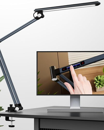 Space Saving LED Desk Lamps,Touch Adjustment 10 Color Temperatures &10 Brightness Eye-Caring Modes, Swing Arm Desk Light with Clamp，Lamp for Home Office 360° Spin Memory Function-Metallic Gray - LeafyLoom