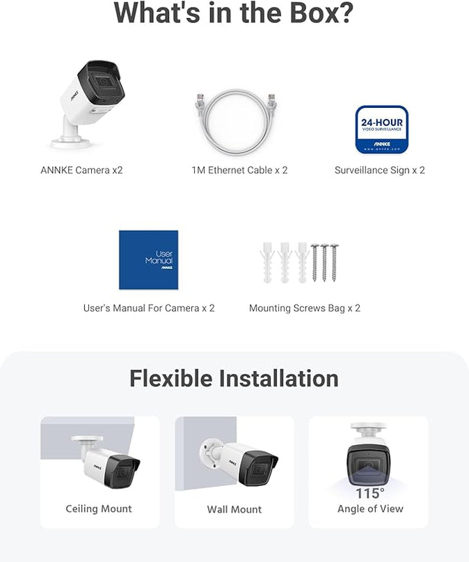ANNKE 2 Pack 5MP PoE Bullet Security Cameras with Mic/Audio, Outdoor IP Cameras with 2.8mm Lens Wide Angle, 100ft Color Night Vision, IP67 Waterproof, RTSP, 5MP@20fps, Up to 256GB Micro SD Card- C500 ANNKE