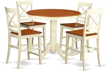 East West Furniture JAQU5-WHI-W 5 Piece Counter Height Dining Set Includes a Round Kitchen Table with Pedestal and 4 Dining Room Chairs, 36x36 Inch, Buttermilk & Cherry - LeafyLoom