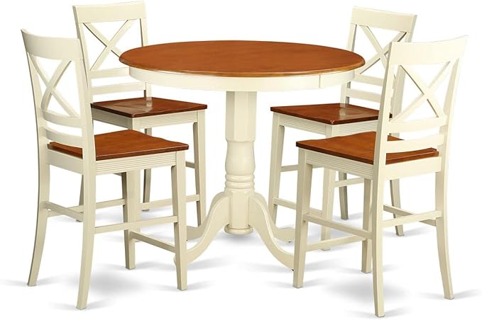 East West Furniture JAQU5-WHI-W 5 Piece Counter Height Dining Set Includes a Round Kitchen Table with Pedestal and 4 Dining Room Chairs, 36x36 Inch, Buttermilk & Cherry - LeafyLoom