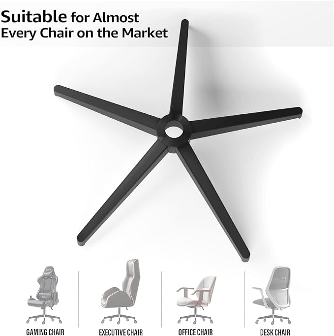 Office Chair Base, 28'' Desk Chair Base Replacement with Worldwide Metal Legs (2400Lbs), Chair Bottom Part for Most Chairs, Universal Gas Cylinder and Caster Sockets, Matte Black - LeafyLoom