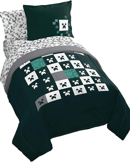 Minecraft Creeper Twin Comforter Set - 5 Piece Gamer Bedding includes Sheet Set & Pillow Covers - Super Soft Checkered Kids Bedding - LeafyLoom