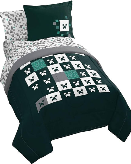 Minecraft Creeper Full Comforter Set - 7 Piece Gamer Bedding includes Sheet Set & Pillow Covers - Super Soft Checkered Kids Bedding - LeafyLoom