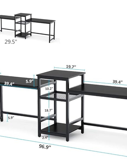 Tribesigns 96.9" Double Computer Desk with Printer Shelf, Extra Long Two Person Desk Workstation with Storage Shelves, Large Office Desk Study Writing Table for Home Office (Black) - LeafyLoom