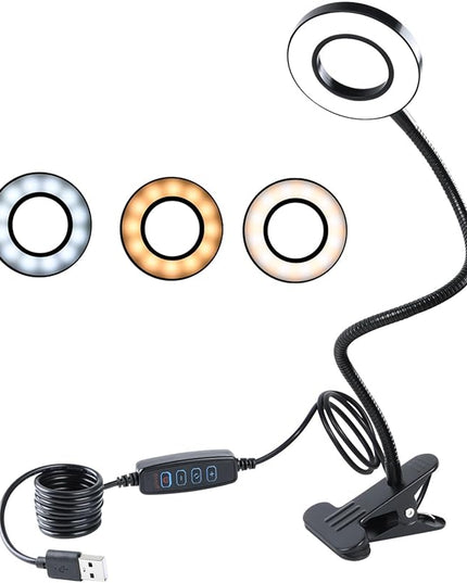 Clamp on Lamp, Desk Lamps, 8W Clip Light, Warm & Daylight & White Light 3 Colors, 10 Dimmable Illumination Modes (Black) - LeafyLoom