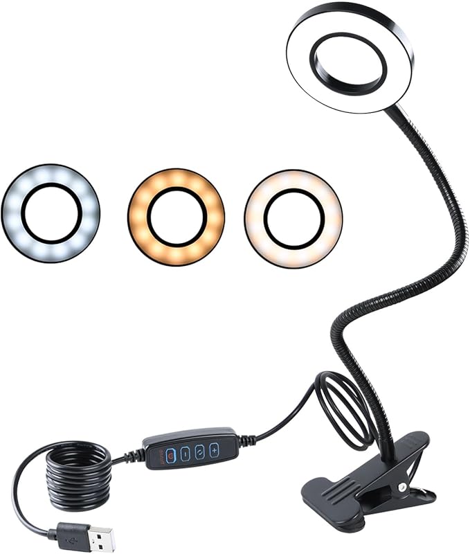 Clamp on Lamp, Desk Lamps, 8W Clip Light, Warm & Daylight & White Light 3 Colors, 10 Dimmable Illumination Modes (Black) - LeafyLoom