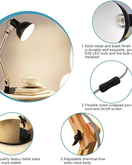 DLLT Swing Arm Desk Lamp, Wood Adjustable Gooseneck Table Lamp, Modern Architect Desk Light, Reading Light for Work, Study, Bedroom, Home Office, College Dorm, Black Metal Shade, E26 Bulb Included - LeafyLoom