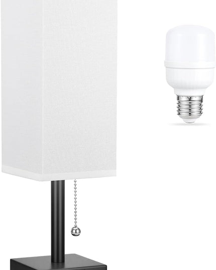 White Small Table Lamp for Bedroom - 3 Color Temperature 3000K 5000K 4000K Bedside Lamp, Pull Chain Control, USB A and C Charging Ports, Black Base, for Kids Office Dorm Nightstand, Bulb Included - LeafyLoom
