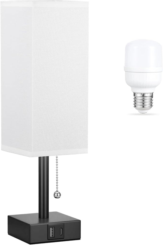 White Small Table Lamp for Bedroom - 3 Color Temperature 3000K 5000K 4000K Bedside Lamp, Pull Chain Control, USB A and C Charging Ports, Black Base, for Kids Office Dorm Nightstand, Bulb Included - LeafyLoom