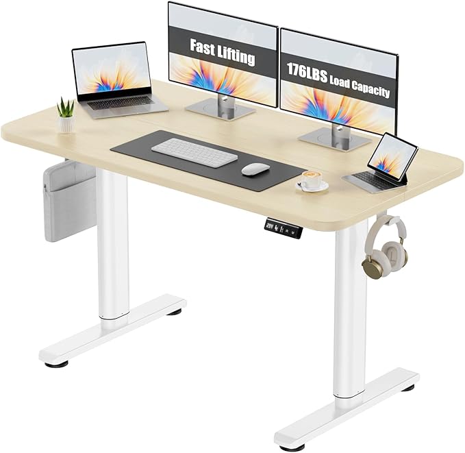 Electric Standing Desk Adjustable Height Stand Up Desk, 48" x 24" Sit Stand Desk, Low Noise Home Office Desk, Computer Desk with Splice Board, Child Lock & Memory Function, Maple - LeafyLoom