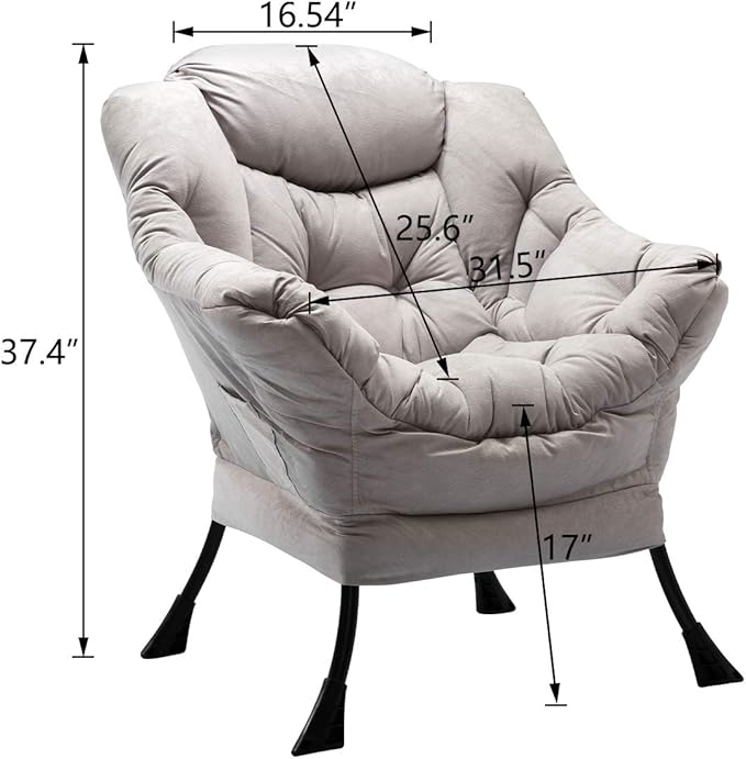 HollyHOME Modern Fabric Large Lazy Chair, Accent Oversized Comfy Reading Chair, Thick Padded Cozy Lounge Chair with Armrest, Single Steel Frame Leisure Sofa Chair for Living Room, Bedroom, Dorm, Grey - LeafyLoom