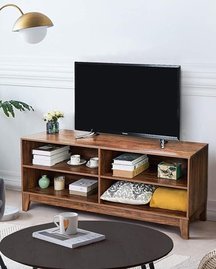 LUARANE TV Stand for TVs, up to 55 65 Inch, Console Table Cabinet MDF Storage Console, with 4 Open Storage Shelves, 4 Cord Management Holes, for Living Room and Entertainment Room (Dark-brown) - LeafyLoom