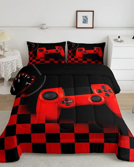 Erosebridal Gamer Bedding Sets for Boys Gaming Comforter Sets Twin Size for Kids Teen Boys Gamer Room Decor Video Game Gamepad Bedding Set with Plaid Check Grid Duvet Insert Soft All Season,Black Red - LeafyLoom