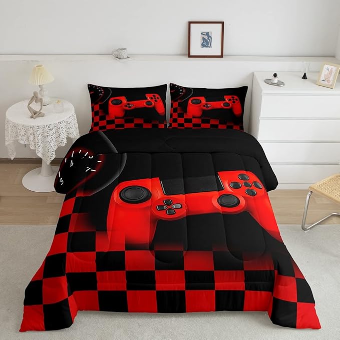 Gaming Comforter for Boys Teen,Game Controller Bedding Set for Kids,Down Alternative Comforter for All Season,Gamer Home Decor for Young Man Comforter Set with Buffalo Check Plaid Duvet Quilted,Queen - LeafyLoom