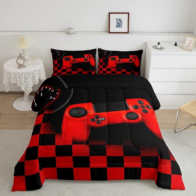 Erosebridal Gamer Bedding Sets for Boys，Gaming Comforter Sets King for Kids Teen Boys Gamer Room Decor,Video Game Gamepad Duvet Insert,Plaid Check Grid Artwork Down Comforter 3pcs,Black Red - LeafyLoom
