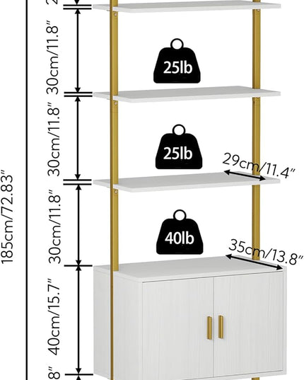 Yusong 73" Tall Bookshelf with Cabinet, Industrial Ladder Wall Mount Shelf Bookcase with Wood and Metal Frame, Plant Shelf Wall Storage Display for Living Room Bedroom, White Gold - LeafyLoom