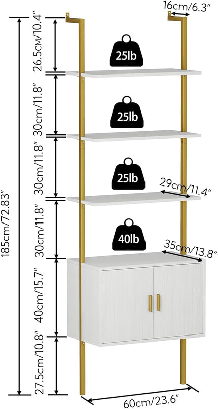 Yusong 73" Tall Bookshelf with Cabinet, Industrial Ladder Wall Mount Shelf Bookcase with Wood and Metal Frame, Plant Shelf Wall Storage Display for Living Room Bedroom, White Gold - LeafyLoom