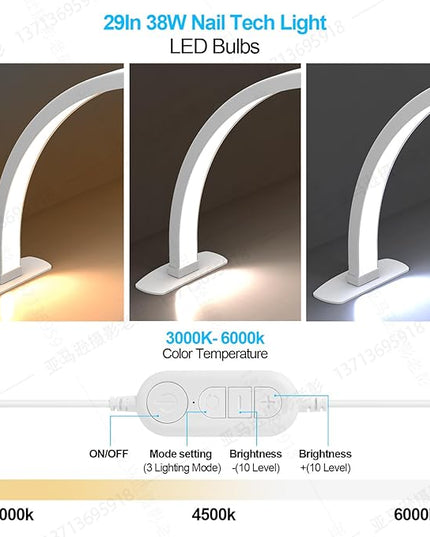 Foldable Large Half Moon LED Light for Table Nail Desk with Phone Stand, Upgrade Arch Light for Nail Techs with Wire Controller for Manicure Tattoo Beauty (White, large) - LeafyLoom
