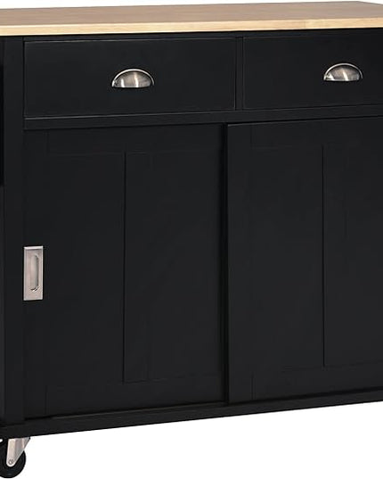 Kitchen Island Cart, with a Flatware Organizer, 5 Wheels and Rubber Wood Countertop, 8 Handle-Free Drawers,Adjustable Height & Concealed Sliding barn Door for Dinning Room, Coffee Bar - LeafyLoom