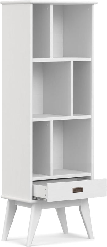 SIMPLIHOME Draper SOLID HARDWOOD 64 inch x 22 inch Mid Century Modern Bookcase and Storage Unit in White for The Living Room, Study Room and Office - LeafyLoom