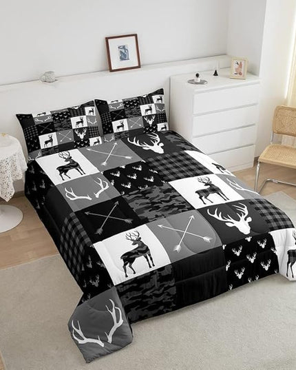 Deer Silhouette Comforter Set Queen Size,Camo Western Rustic Farmhouse Xmas Bedding Set 3pcs for Kids Teens Home Room Decor,Antlers Arrow Geometric Quilt Set,Black Grey Duvet Insert,2 Pillowcases - LeafyLoom