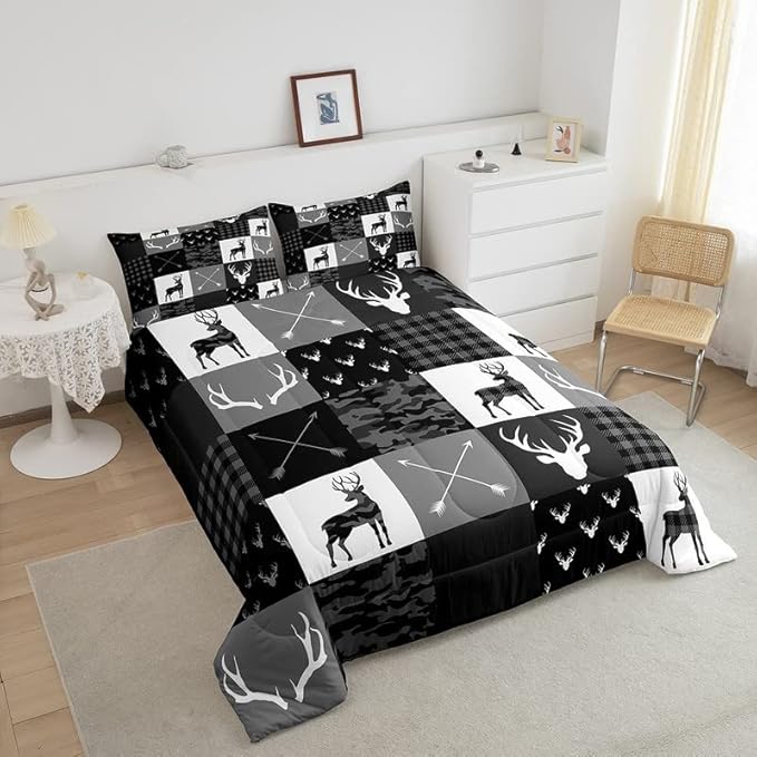 Deer Silhouette Comforter Set Queen Size,Camo Western Rustic Farmhouse Xmas Bedding Set 3pcs for Kids Teens Home Room Decor,Antlers Arrow Geometric Quilt Set,Black Grey Duvet Insert,2 Pillowcases - LeafyLoom