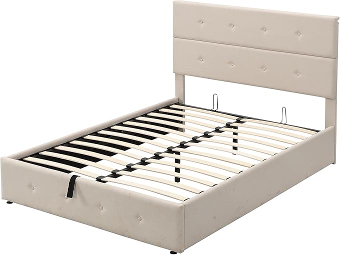Upholstered Full Size Bed Gas Lift Up Storage Platform Bed Frame with Tufted Headboard Wooden Slat Support & Under Bed Storage, No Box Spring Needed - LeafyLoom