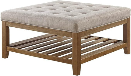 24KF Large Square Upholstered Tufted Linen Ottoman Coffee Table, Large Footrest Ottoman with Solid Wood Shelf-Linen - LeafyLoom