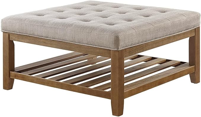 24KF Large Square Upholstered Tufted Linen Ottoman Coffee Table, Large Footrest Ottoman with Solid Wood Shelf-Linen - LeafyLoom