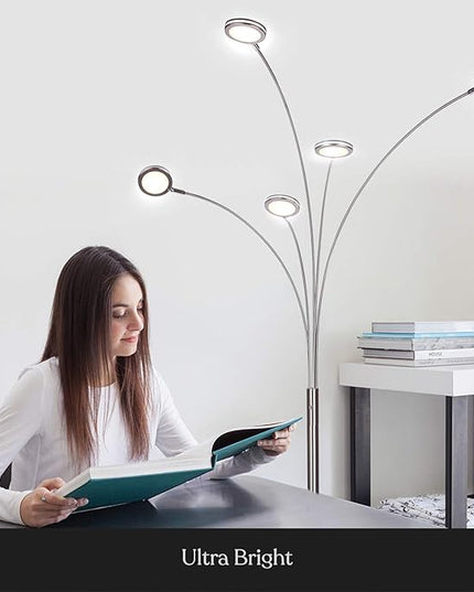 Brightech Orion Arc Floor Lamp for Living Room, Tree Floor Lamp with 5 Adjustable Arms, Multi-Head Standing Lamp with Flexible Rotating LEDs for Bedroom, Dorm - Bright Hanging Lighting - Satin Nickel - LeafyLoom