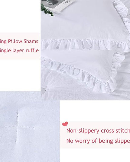 White Ruffled Comforter Set Queen,Lightweight Farmhouse Shabby Boho Chic White Bedding,Ultra Soft Fluffy Washed Microfiber Bed Comforter Set 3-Piece (1 White Comforter+2 Ruffle Pillow Shams) - LeafyLoom