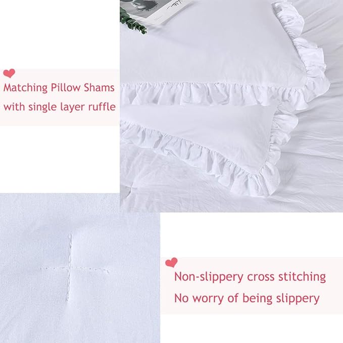 White Ruffled Shabby Comforter Set King,Boho Chic Farmhouse Bedding Down Comforter Fluffy Cozy,Ultra Soft Washed Microfiber Inner Fill Bedding All Season 3 Piece Set with Ruffle Pillow Shams - LeafyLoom
