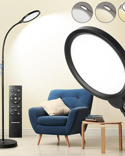 LED Floor Lamp, 12W/1000LM Reading Light, 3 Color Temperatures Bright Modern Tall Lamp, Adjustable Gooseneck Standing Lamp with Remote & Touch Control for Living Room, Bedroom, Office - LeafyLoom