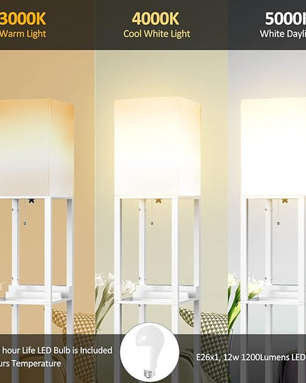 PAZZO Floor Lamp with Shelves, Shelf Floor Lamps by Real Solid Wood with 2 Charging Ports and 1 Power Outlet, Floor Lamps for Bedrooms, Lamps for Living Room,Bulb Included,White - LeafyLoom