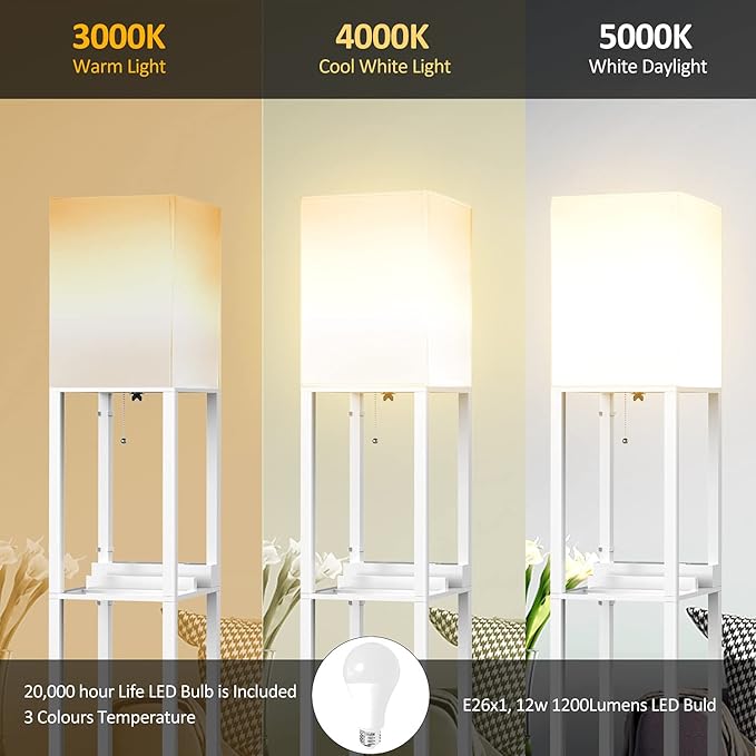 PAZZO Floor Lamp with Shelves, Shelf Floor Lamps by Real Solid Wood with 2 Charging Ports and 1 Power Outlet, Floor Lamps for Bedrooms, Lamps for Living Room,Bulb Included,White - LeafyLoom