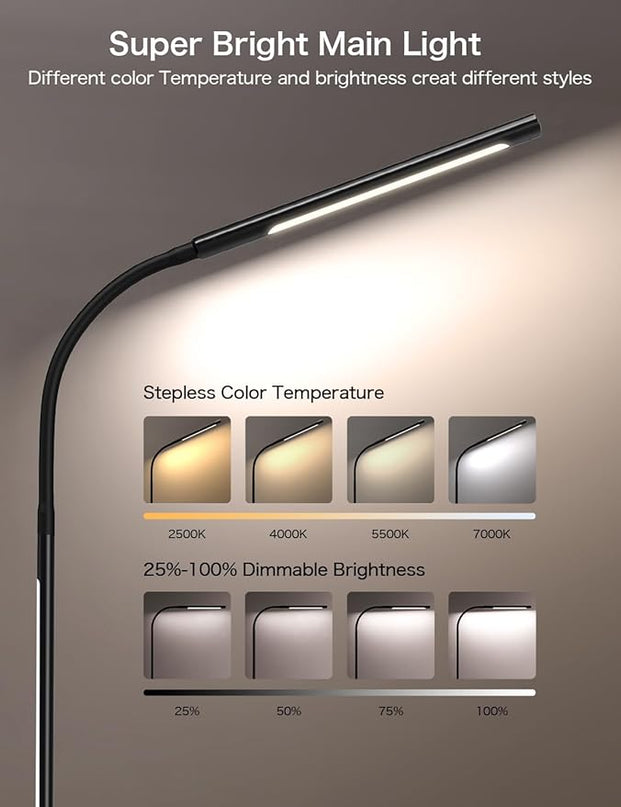LED Floor Lamp,15W Dimmable Bright Reading & RGB Atmosphere Light,4 Color Temperatures,Remote and Touch Control,Music Sync,Adjustable Gooseneck Standing Task Lamp for Living Room Bedroom - LeafyLoom
