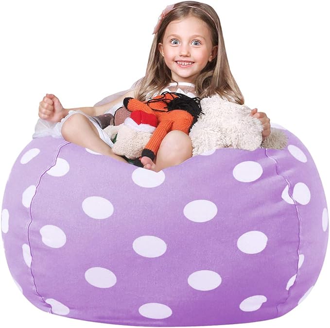 Wekapo Stuffed Animal Storage Bean Bag Chair Cover for Kids | Stuffable Zipper Beanbag for Organizing Children Plush Toys Large Premium Cotton Canvas (Purple Dot, X-Large) - LeafyLoom