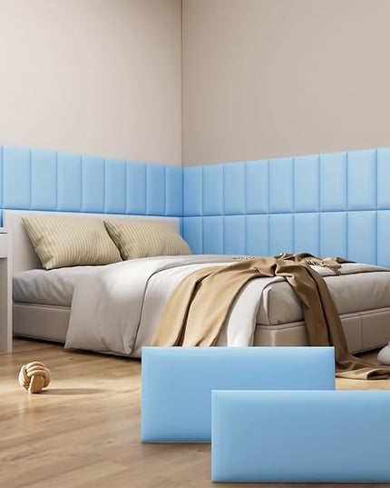 Peel and Stick Headboard Blue Upholstered Wall Panels, 4 Panels Sized 7.8" x 15.7", 3D Anti-Collision Soundproof Self-Adhesive Wall Panel for Bedroom，Living Room - LeafyLoom